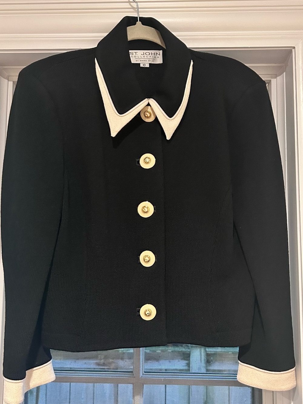 St. John Black Knit Blazer with Cream Trim and Gold Buttons